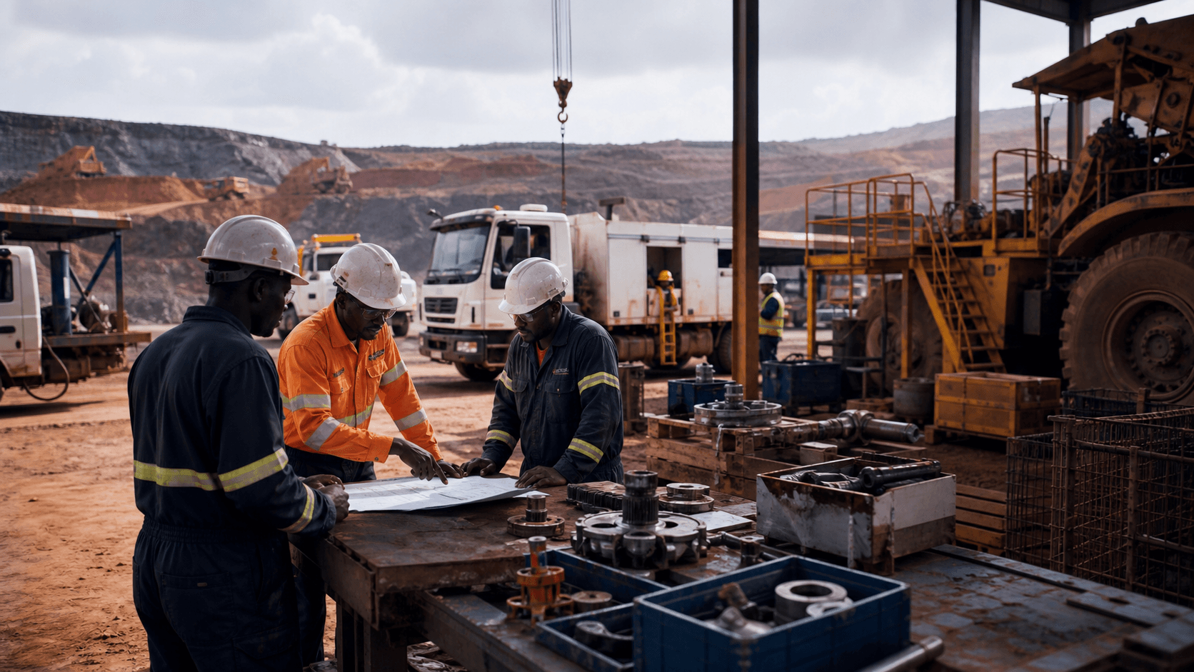 Equipe industrielle examinant des documents de maintenance devant des engins miniers