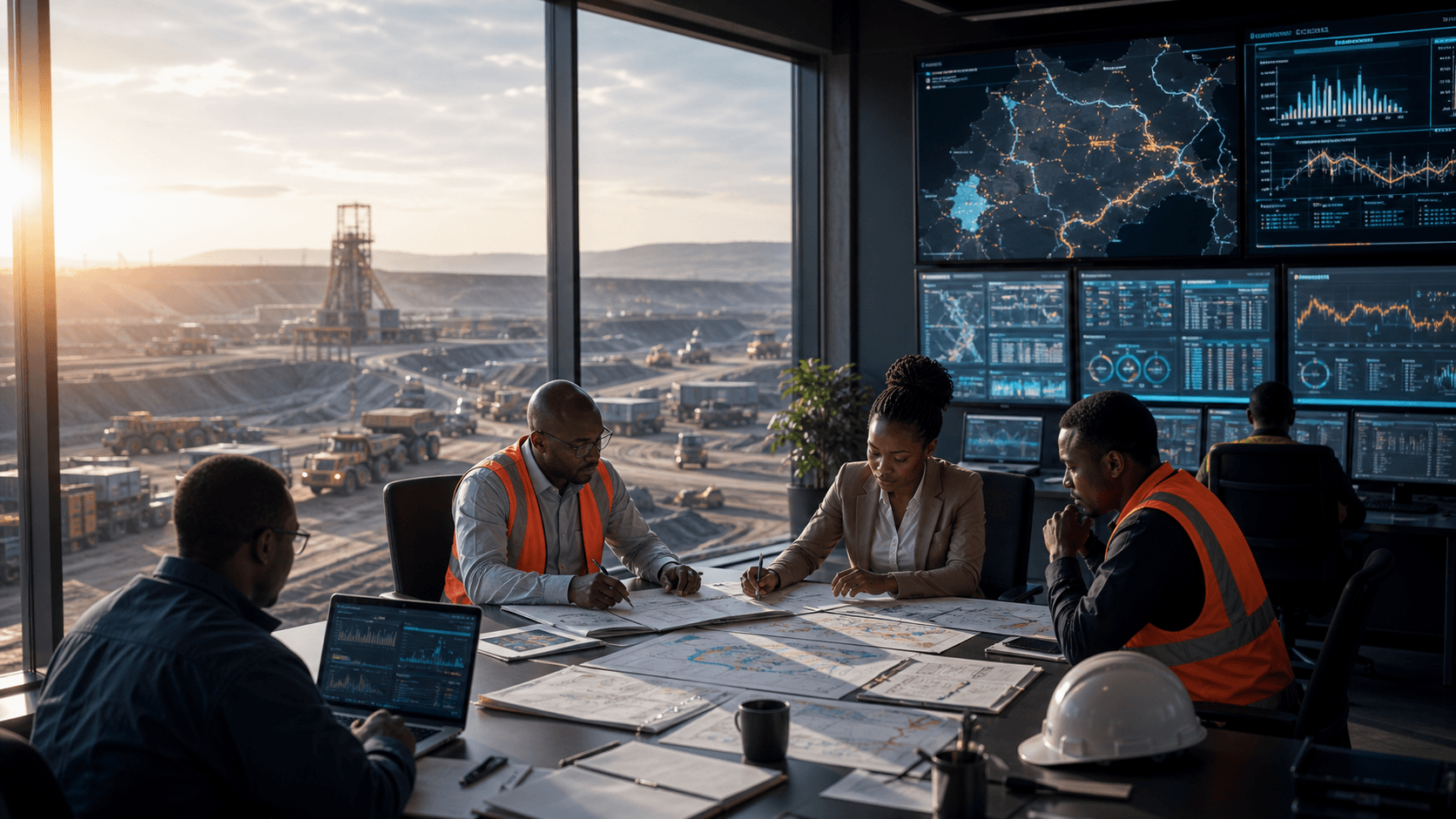 Salle opérations industrielles avec cartes de corridor et dossiers RFQ